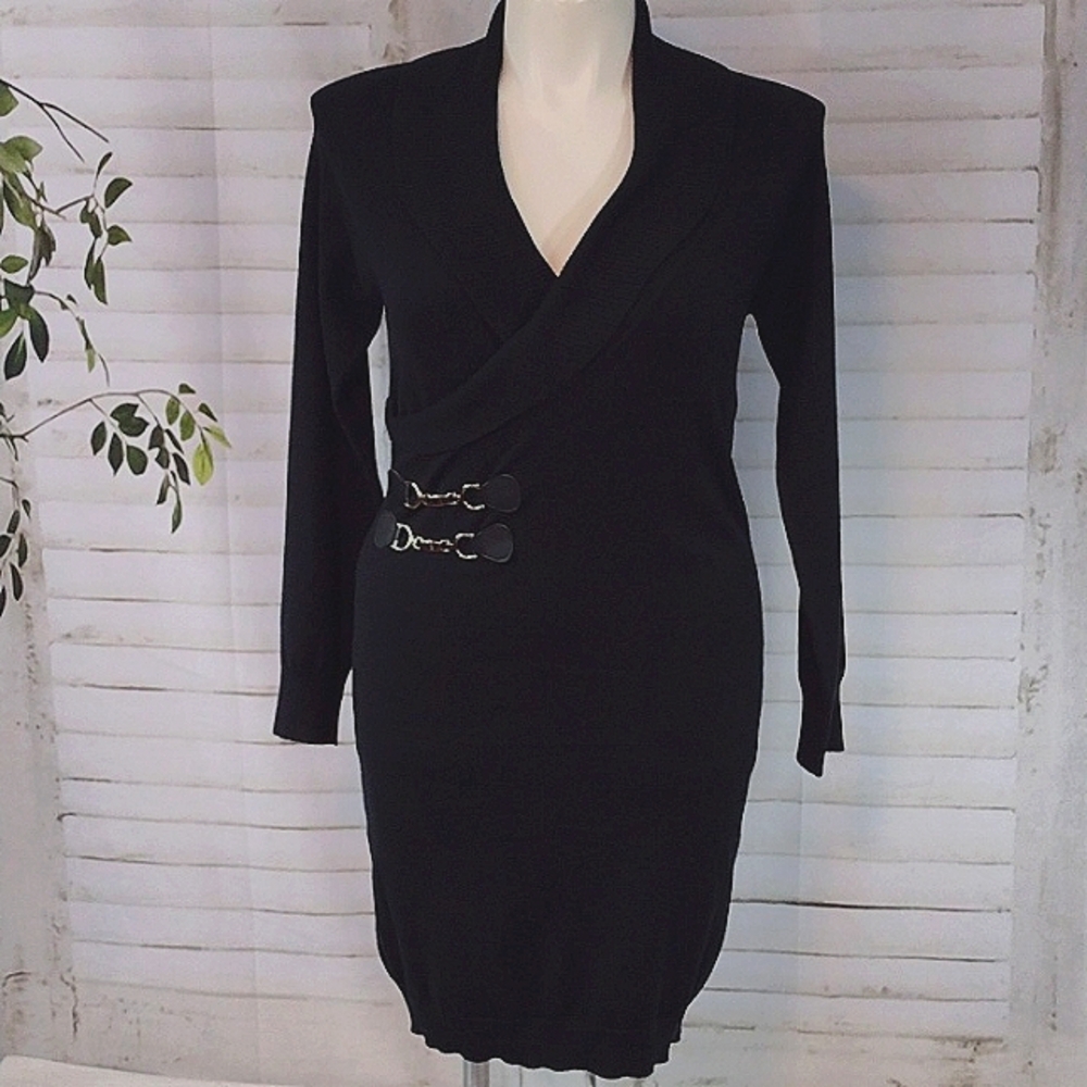 Lascana  Black Faux Wrap Knit Sweater Dress Size L